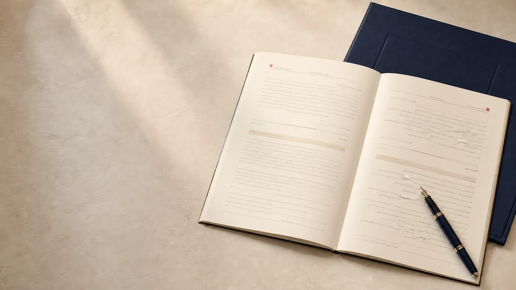 An open bilingual legal document beside a navy fountain pen and document folio